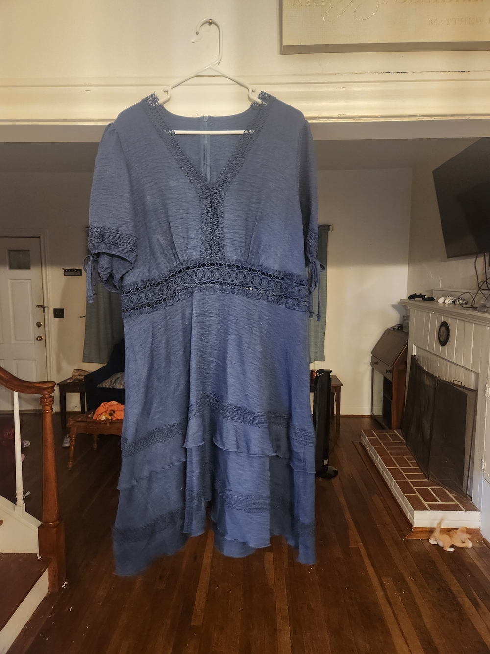 SHEIN Dusty Blue Crochet-Trim Tiered Midi Dress